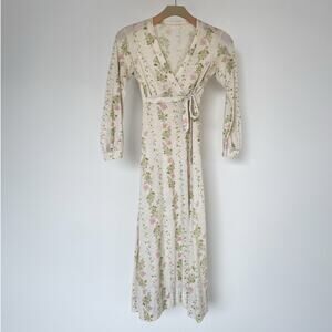 Vintage 70s Cream Jersey Floral Wrap Dress / Sz S / Neutral Maxi / Boho Hippie